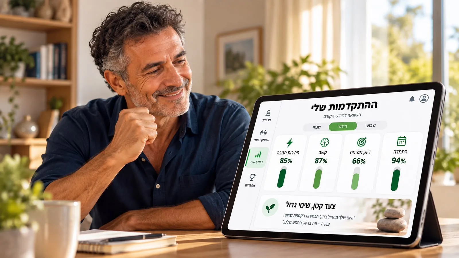 מבוגר מחייך מול טאבלט עם מסך ההתקדמות שלו