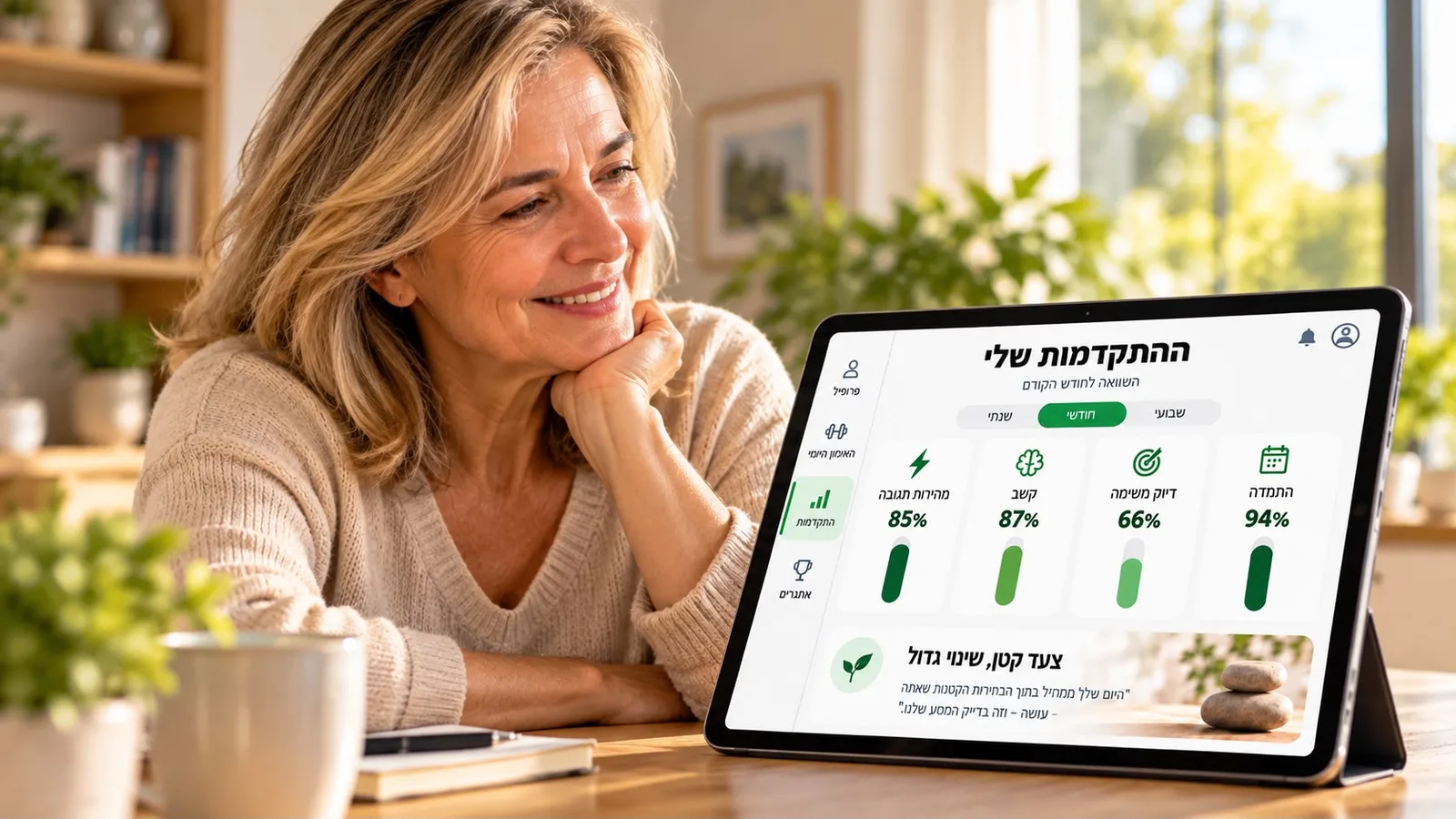 אישה מחייכת מול טאבלט עם מסך ההתקדמות שלה
